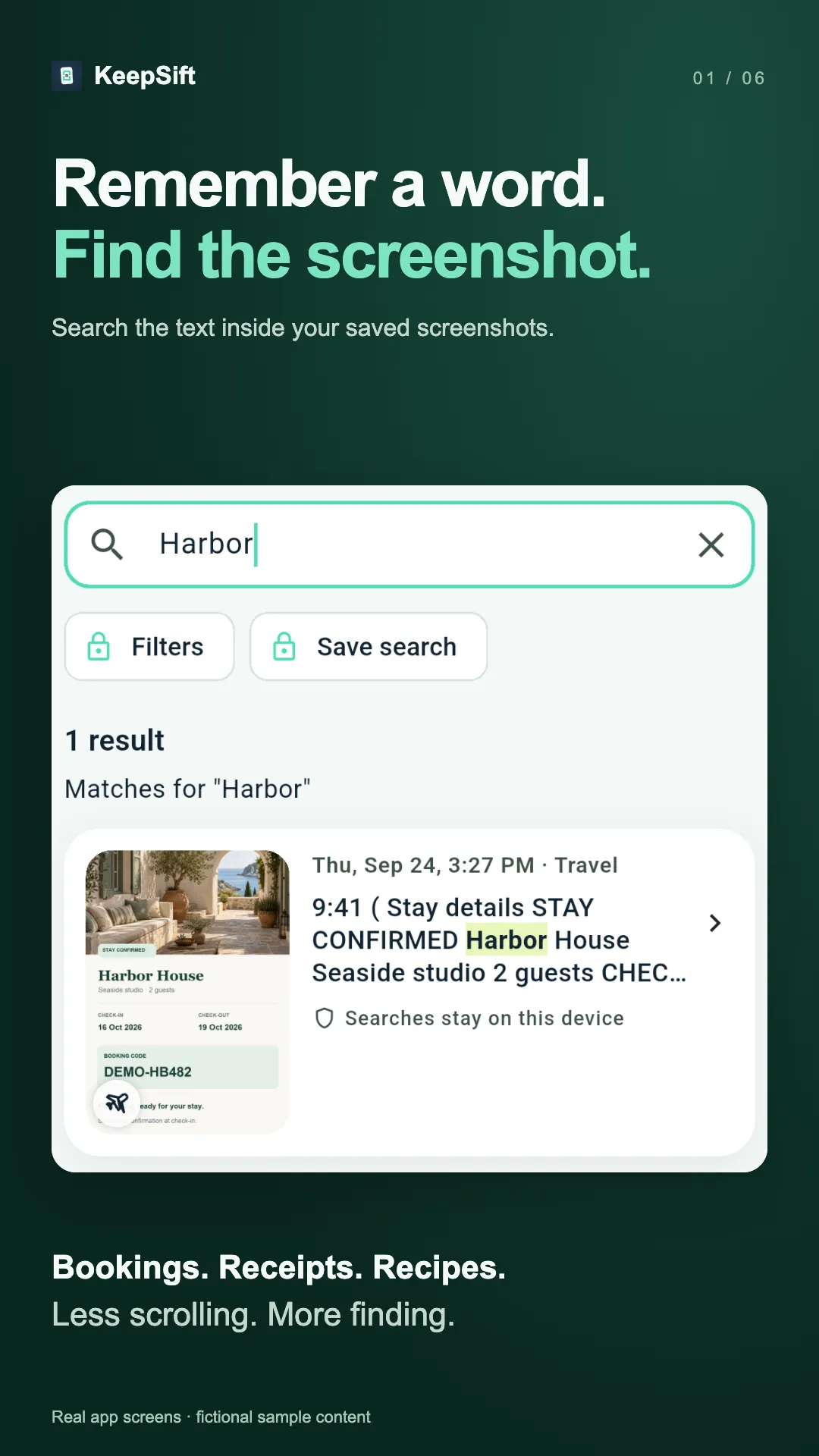 KeepSift search results for Harbor showing a fictional booking confirmation.