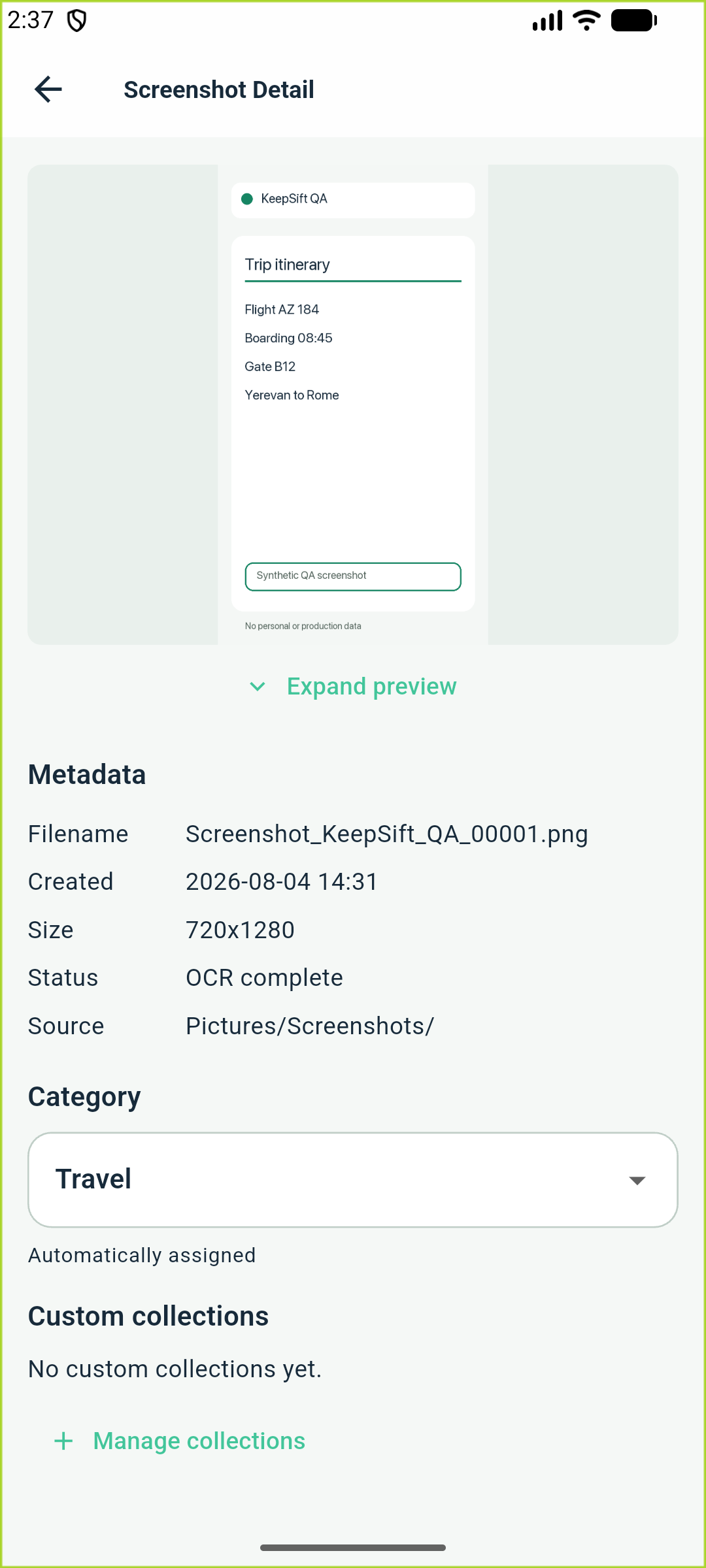 KeepSift screenshot detail showing synthetic extracted text, category, collection, and local actions