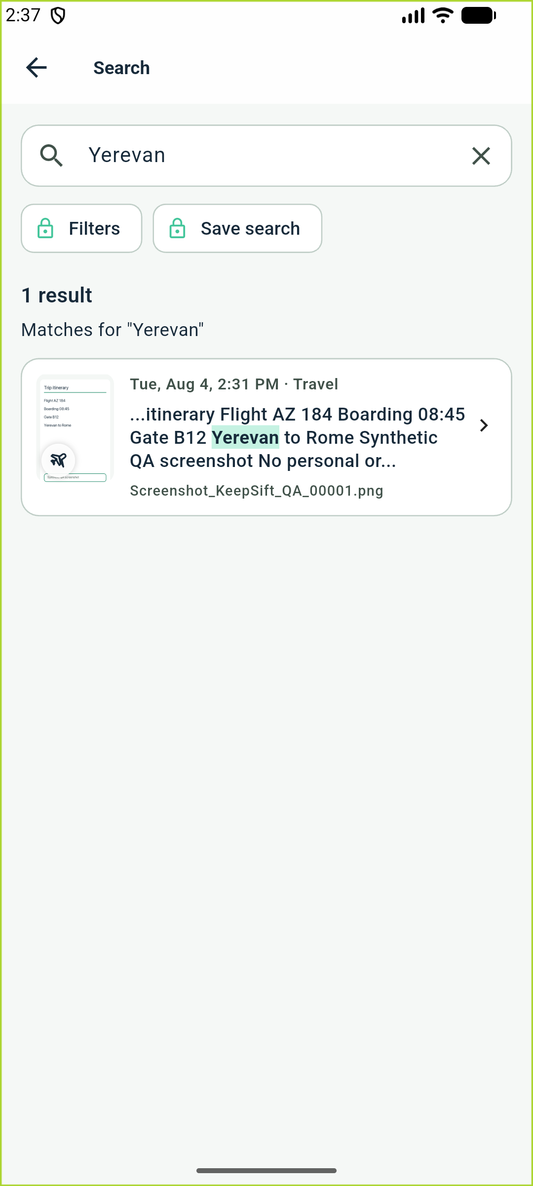 KeepSift search results for synthetic screenshot content, showing local keyword search and category filters
